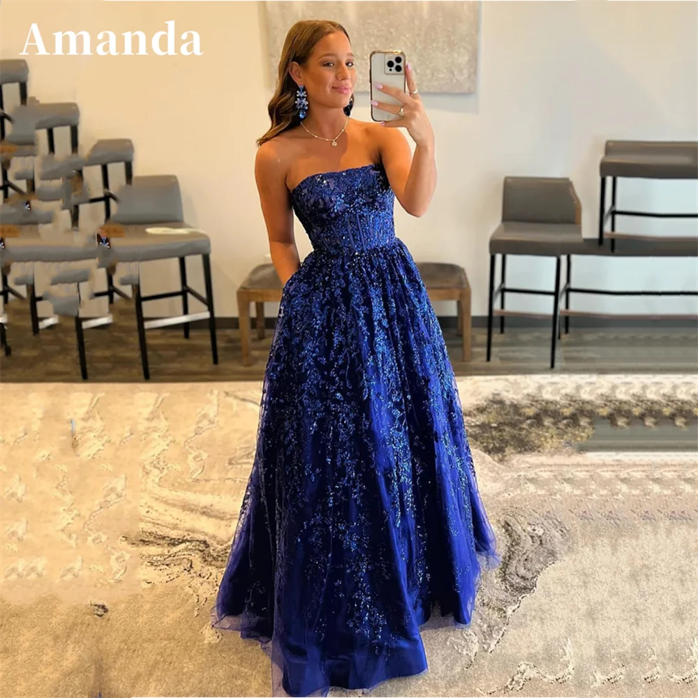 Amanda Shiny Lace Embroid فساتين مناسبة رسمية Sapphire Blue Prom Dress Customized Gliiter Strapless A-line Vestidos De Noche