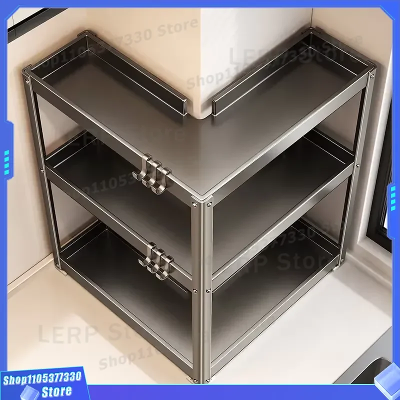 2026 New Metal 3 Tier Kitchen Corner Rack Vertical Seasoning Organizer Non Punching Countertop Shelf Multifunctional Knife