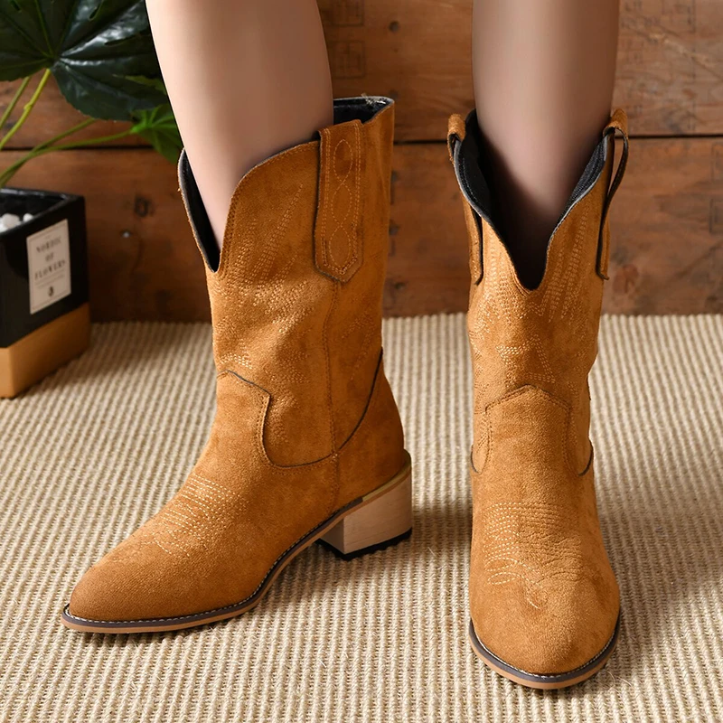 

Pointed Toe Chunky Heels Cowgirl Boots Women 2023 Autumn Embroidered Western Ankle Boots Woman Plus Size Pu Leather Cowboy Botas