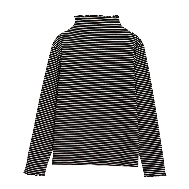 Winter Fall Knit T-shirt Hot Sell Long Sleeves Stand Collar Long Sleeves Stripe Printing Warm Women Top