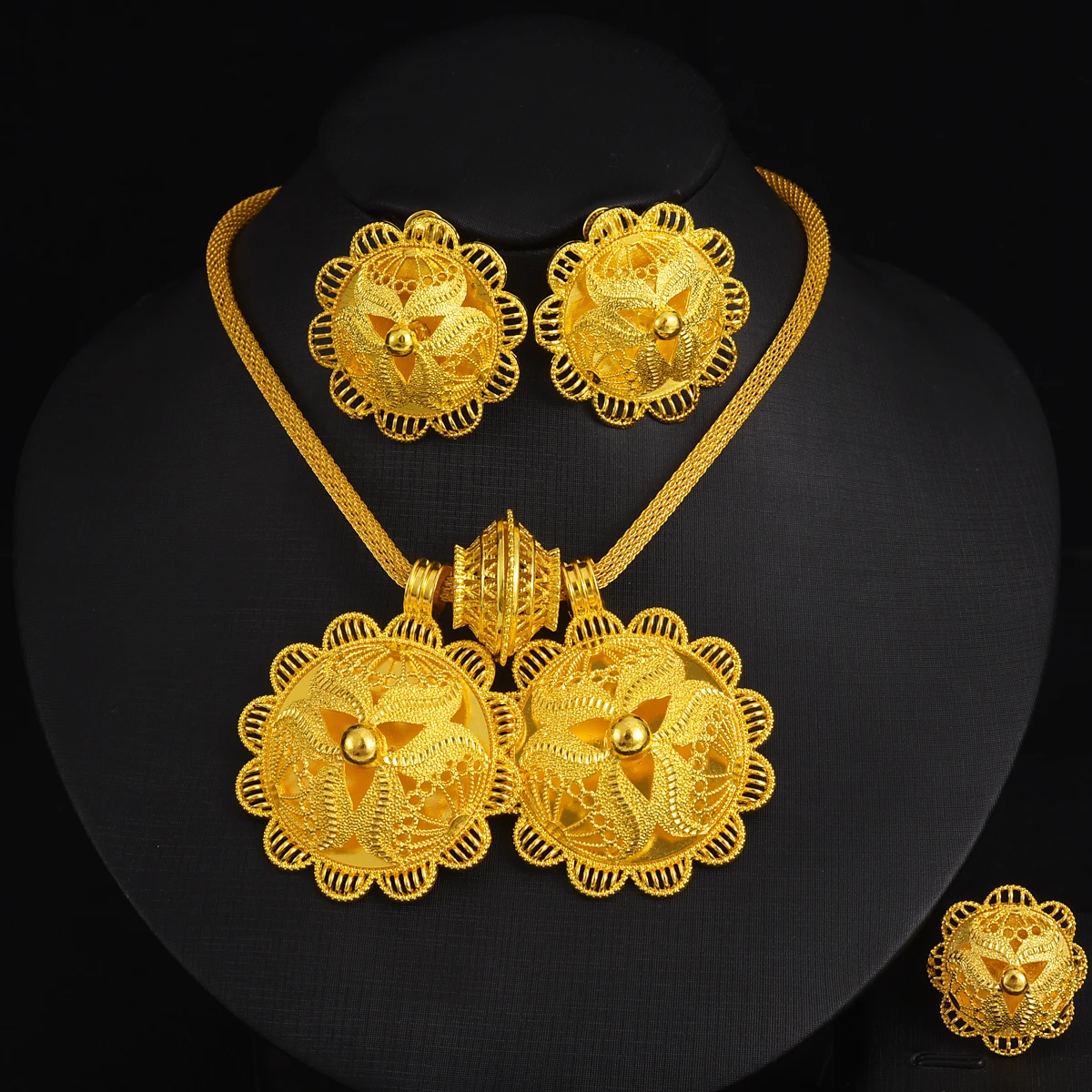 3PCS Exquisite Eritrean Golden Color Jewelry Set Hollow-out Flower Double Pendant Set For Women Ethiopian Wedding Jewelry Gifts