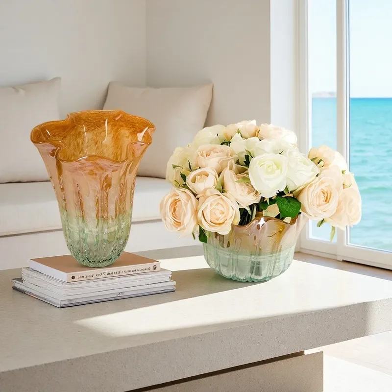 Modern Gradient Glass Vase for Living Room Decor Hydroponic Flower Arrangement Dining Table Centerpiece Home Soft Decoration