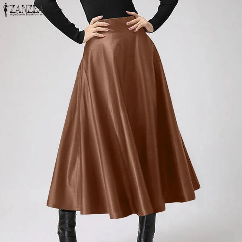 ZANZEA Autumn Winter Elegant PU Leather Skirts Women High Waist Zipper Long Bottom Fashion Casual Solid A-Line Jupes Faldas Saia