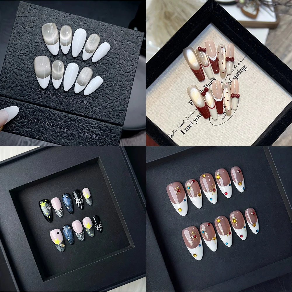 10 Stück 3D Handbemalte Blumen-Cartoon Aufklebenägel Lange Stiletto-Diamant-Strass-Kunstnägel Französische Aufklebenägel Falsche Nagelspitzen