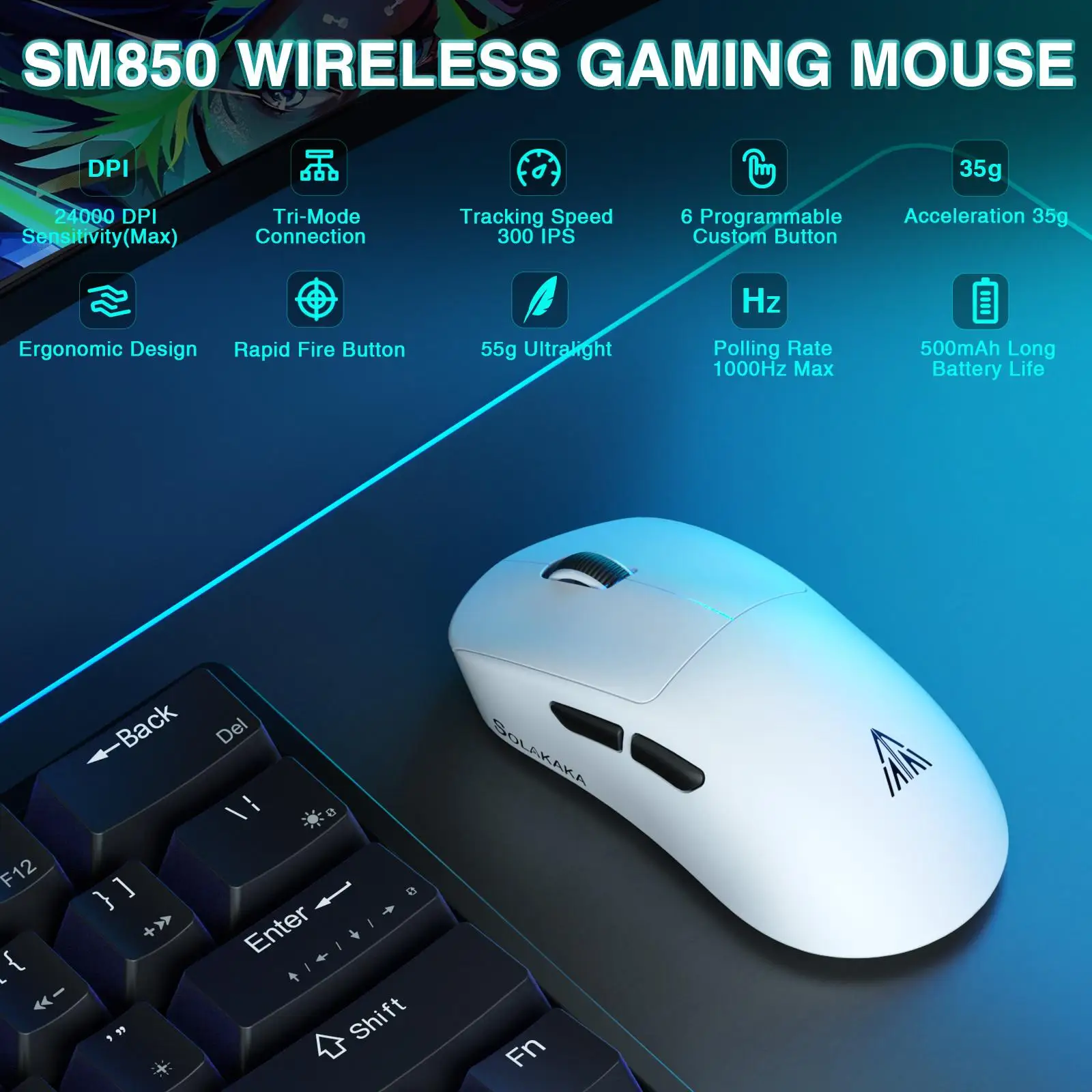 SM850 24000DPI 2.4GHz + BT + Wired Tri-mode Wireless Mouse