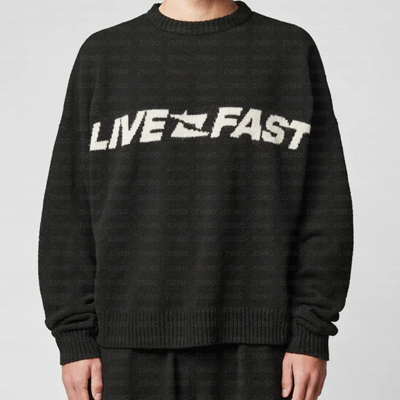 

Aesthetics Casual High Street Trend Loose Knitwear Round Neck Long Sleeves 90s Letter Jacquard Winter Personality Warm Sweater