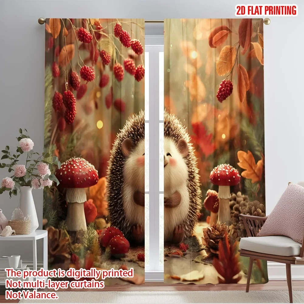 2pcs,2D plane printing Contemporary Curtains Happy Hedgehog Versatile Durable Polyester (without rod) Holiday Perfect for Season