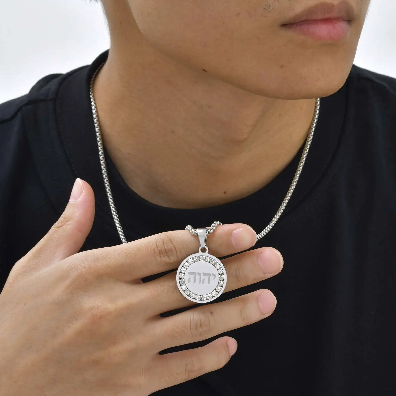 قلادة دائرية عبرية للرجال مع الزركون، قلادة من الفولاذ المقاوم للصدأ غير قابلة للتلاشي، هدايا مجوهرات عبرية #3