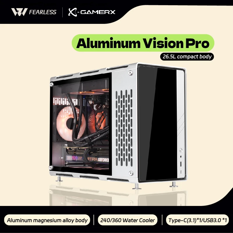 X-GAMERX Aluminum Vision Pro MATX PC Gaming Case Type-C 240/360 Water Cooler 26.5L Aluminum Magnesium Alloy Body Computer Case