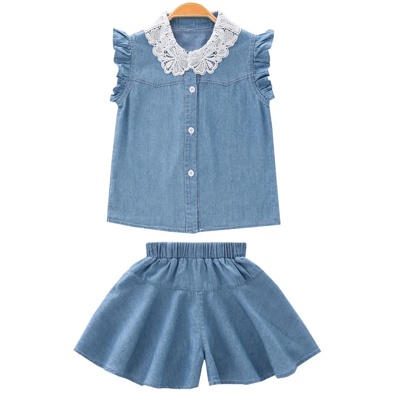 New Summer Teens Kid Baby Girls Clothes Lace off Shoulder Denim T Shirt vest + Solid Pants Outfits 5 6 7 8 9 10 11 12 Years