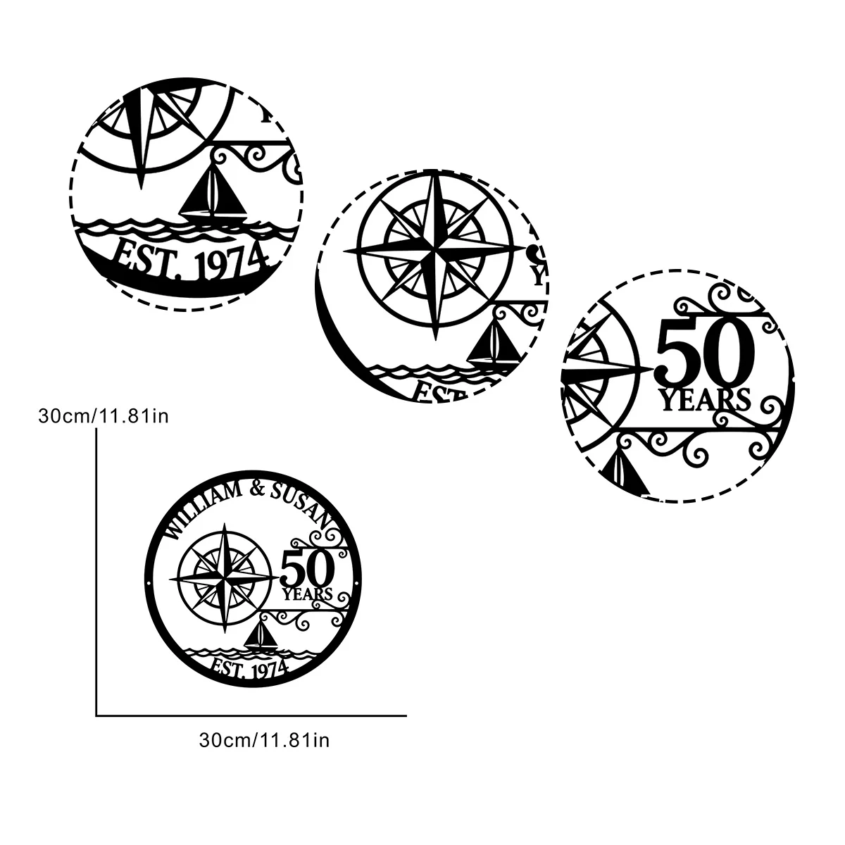 Personalized Couple Date Metal Sign Custom Nautical Compass Sailboat Monogram Wall Decor 50th Anniversary Gift Outdoor Metal Art