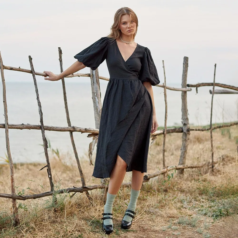 

New Bubble Sleeve Cotton Beach Dress Spring and Summer Women Elegant Solid Color V-neck Side Slit Loose Soft Short Sleeved Dress