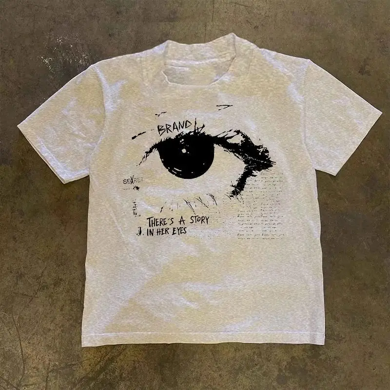 Cotton T-shirt for Women and Men Summer Trend Short Sleeve Tops American Retro Eye Print Design Tshirt Oversized Loose Fitting