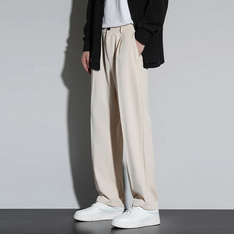 2025 New Men Baggy Smart Casual Fashion Suit Pants Male Loose Straight Slim Fit Blazer Pants Ankle Length Cropped Black Trousers
