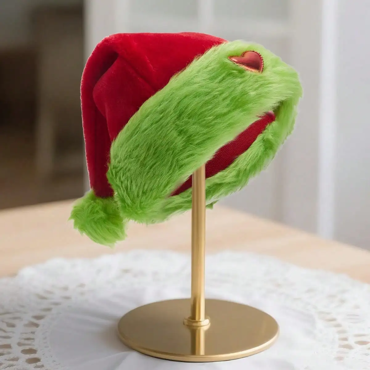 Family Santa Hat - Red And Green Plush Christmas Hat With Heart-Shaped Cutout Design, Lightweight And Elastic, Suitable For Adults, Perfect For Christmas Party Costumes