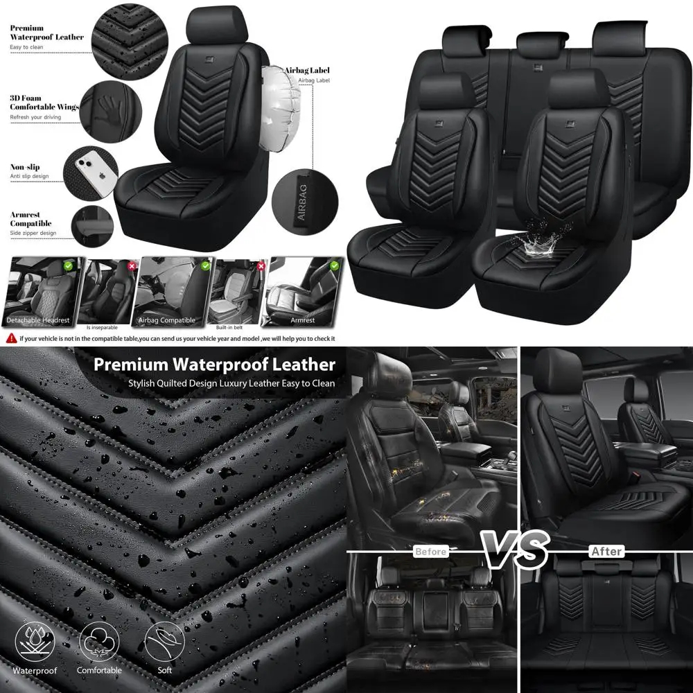 

Универсальные 3D-чехлы для автомобильных сидений из искусственной кожи, водонепроницаемые, роскошные, противоскользящие, совместимые с подушками безопасности, полностью черные.