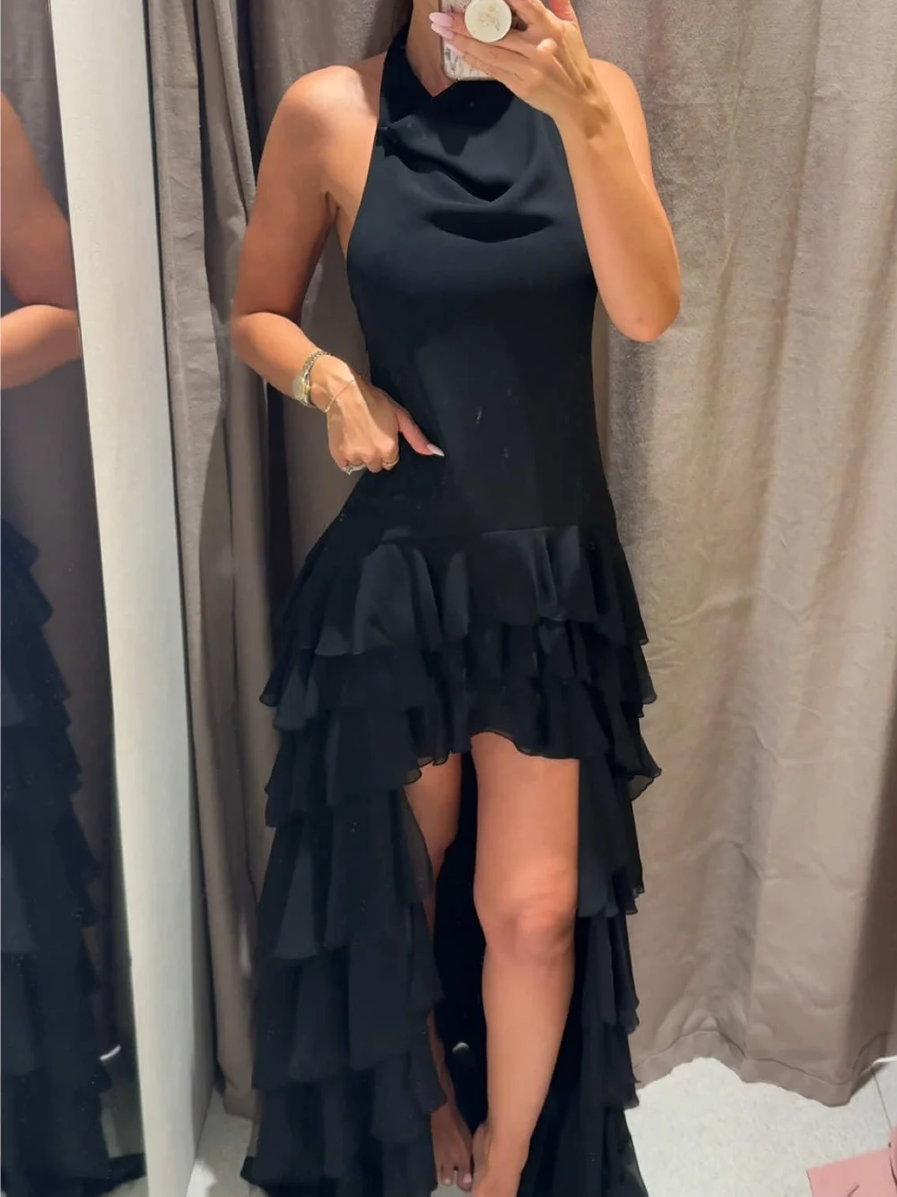 Moda feminina em camadas decoração halter pescoço lado zíper vestido temperamento sexy sem costas de comprimento médio sem mangas vestido de festa