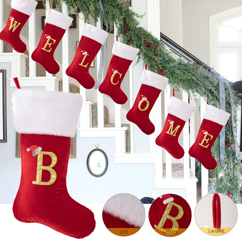 

High End Embroidered Christmas Stockings Red Velvet Gold Letter Personalizable Family Set Fireplace Hanging Decor 2025 Gift