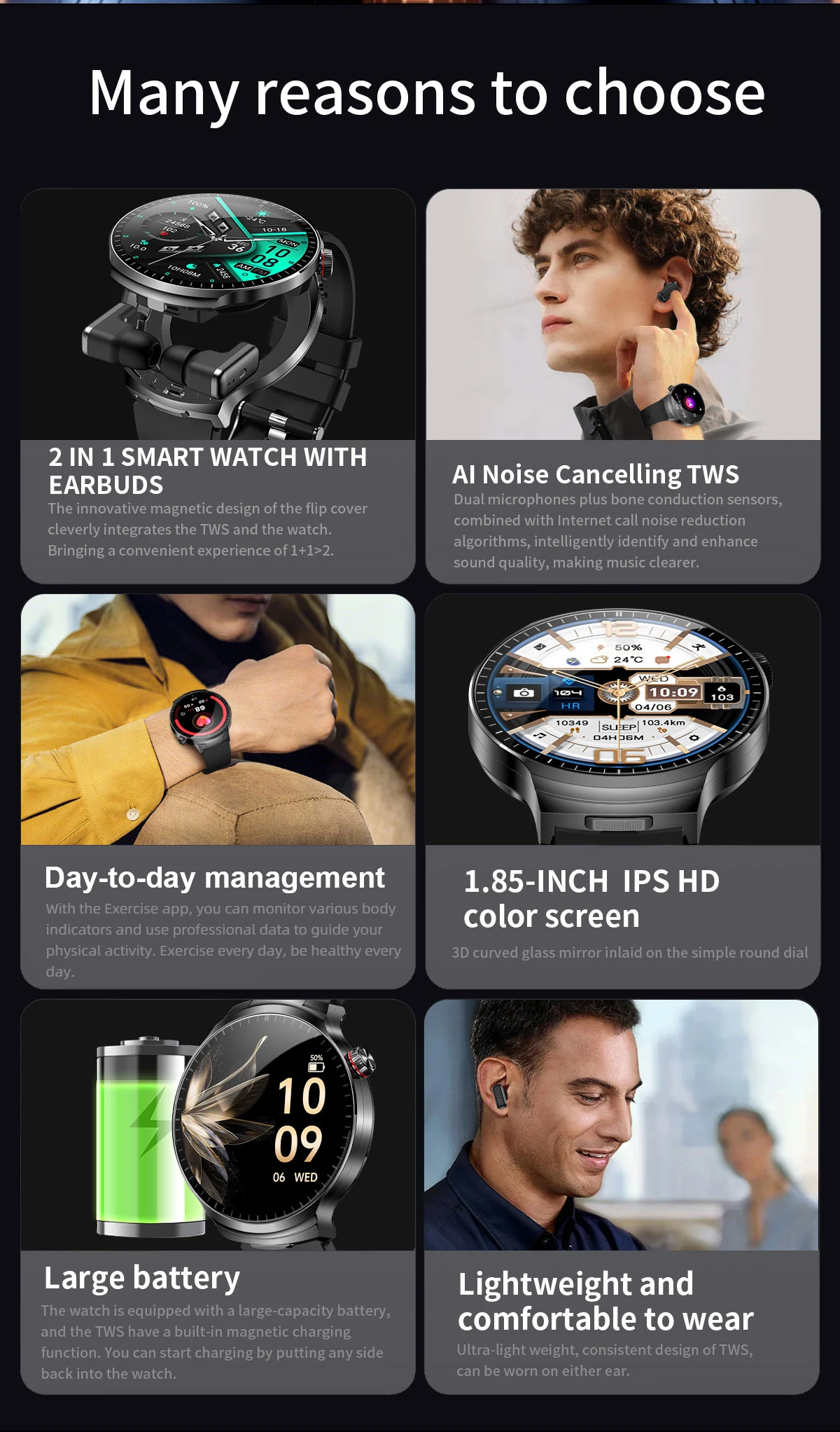 LIGE 2026 Neue TWS 2-in-1 Kopfhörer Smartwatch 1,85 Zoll Bluetooth-Anruf Herren Ohrhörer Smartwatch Herzfrequenz Gesundheitsmonitor Musik-Uhr – Detail 2