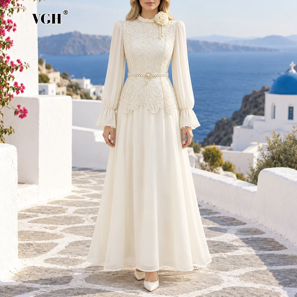 VGH Elegant Lace Patchwork Chiffon Maxi Dress for Women Stand Collar Puff Flare Long Sleeve Pearl Belt A Line for Formal Banquet