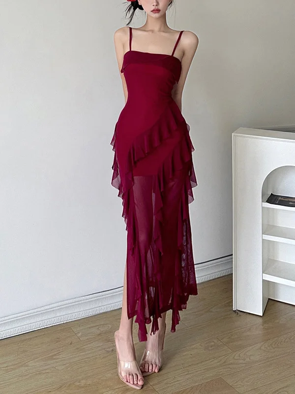 ピュアレッド スリムフィット ストラップ付き ドクターサマー ヴァイオン レディース ロングスカート アシンメトリー スリット ビーチ ホリデー ガウン ハイウエスト カットアウト