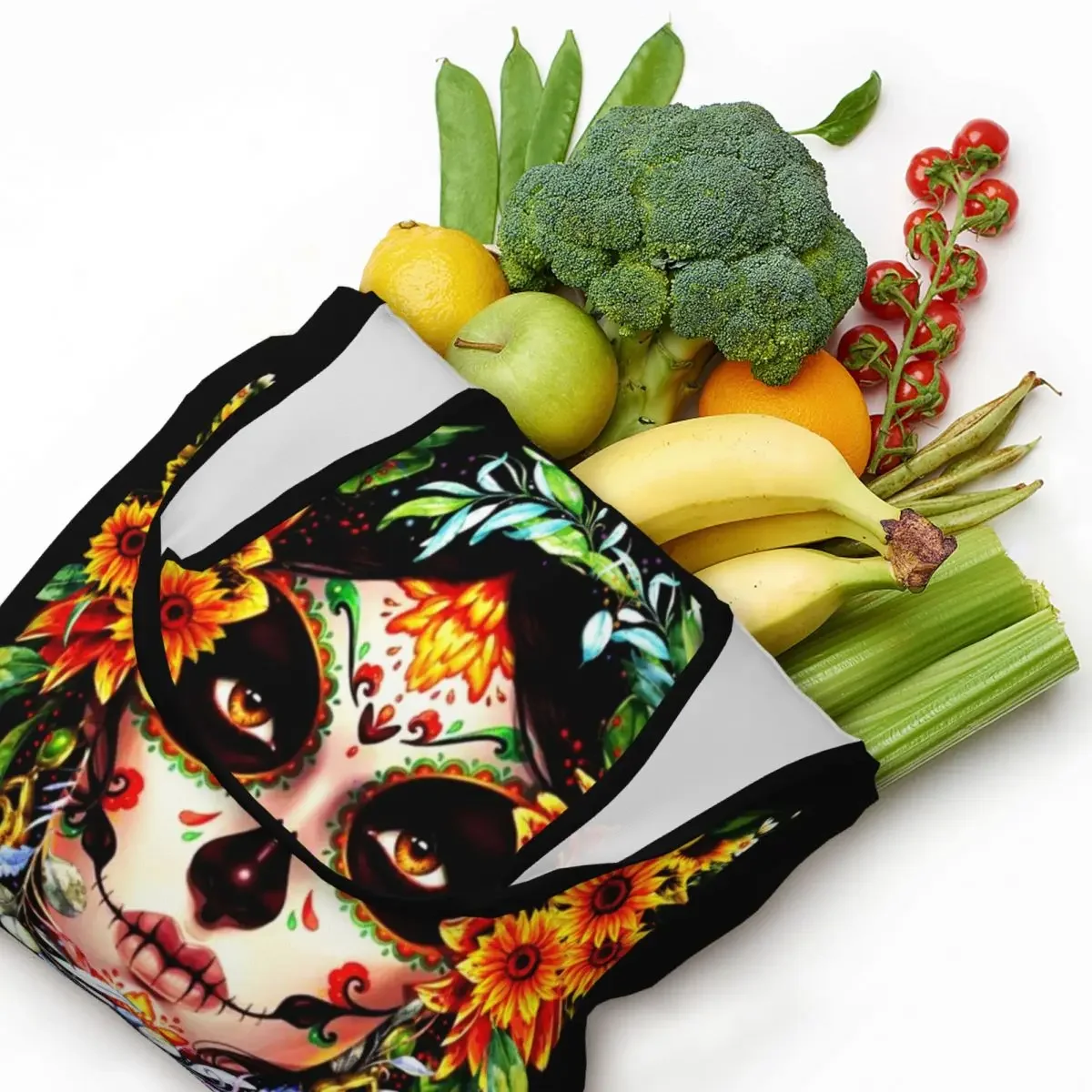 

Halloween Catrina Sugar Skull Grocery Shopping Bag Canvas Shopper Shoulder Tote Bags Large Capacity Durable Mexican Lady Handbag