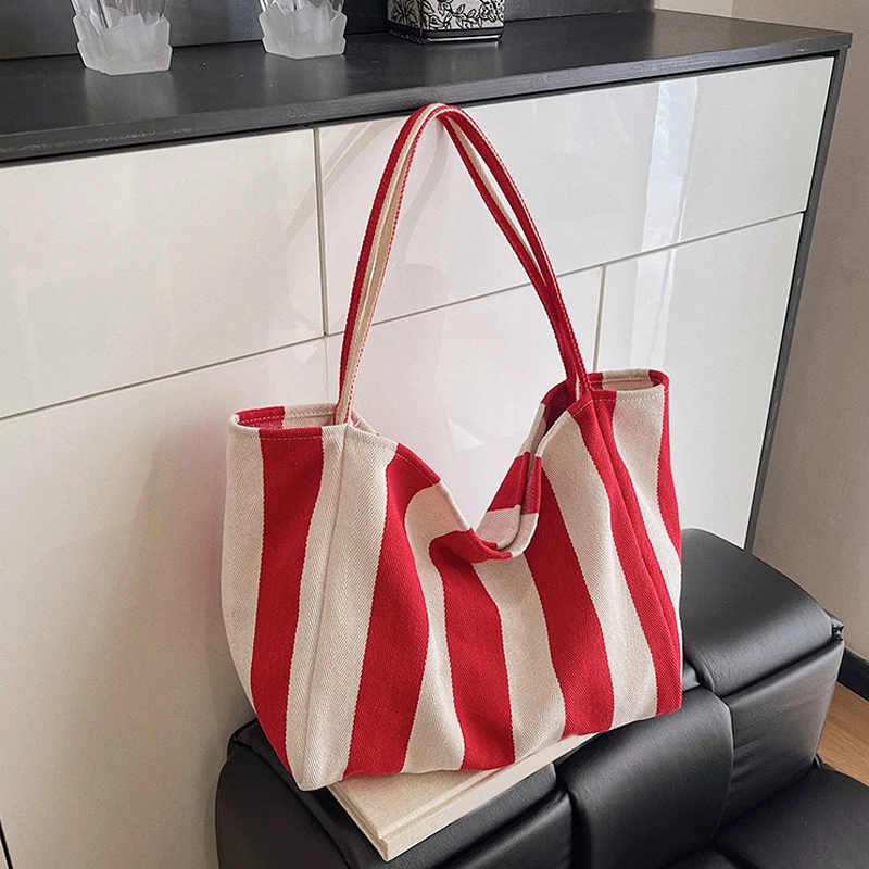Sommerliche gestreifte Canvas-Tragetasche für Damen, lässig, große Kapazität, einfache Umhängetaschen, Einkaufshandtasche, tägliche Tragetasche – Detail 2