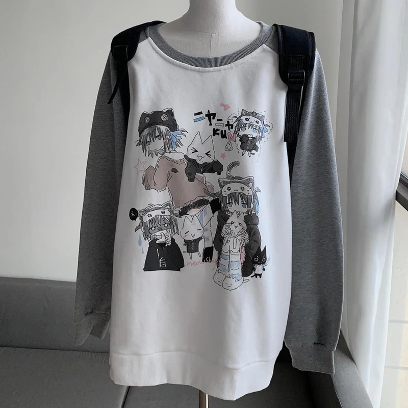 Japanese Kawaii Women T Shirt Fall Cartoon Print Sweet Loose Long Sleeve Tees Harajuku Aesthetic Cute All Match O Neck Tops New