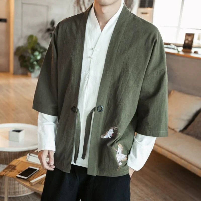 

Kimono Mens Shirt Japanese Samurai Retro Cardigan Chinese Style Cotton Linen Yukata Haori Loose Men Coat Streetwear