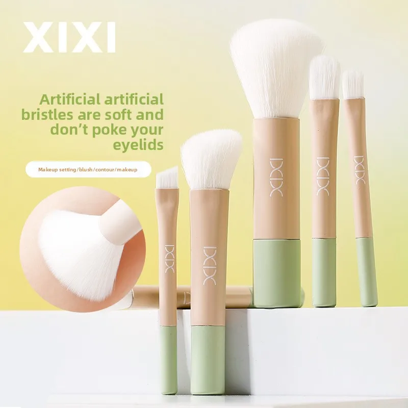 루스 파우더 파운데이션 블러쉬 컨투어 하이라이트 코, 미니 초보자 여행 키트를위한 6Pcs 휴대용 페이스 메이크업 브러쉬 세트
