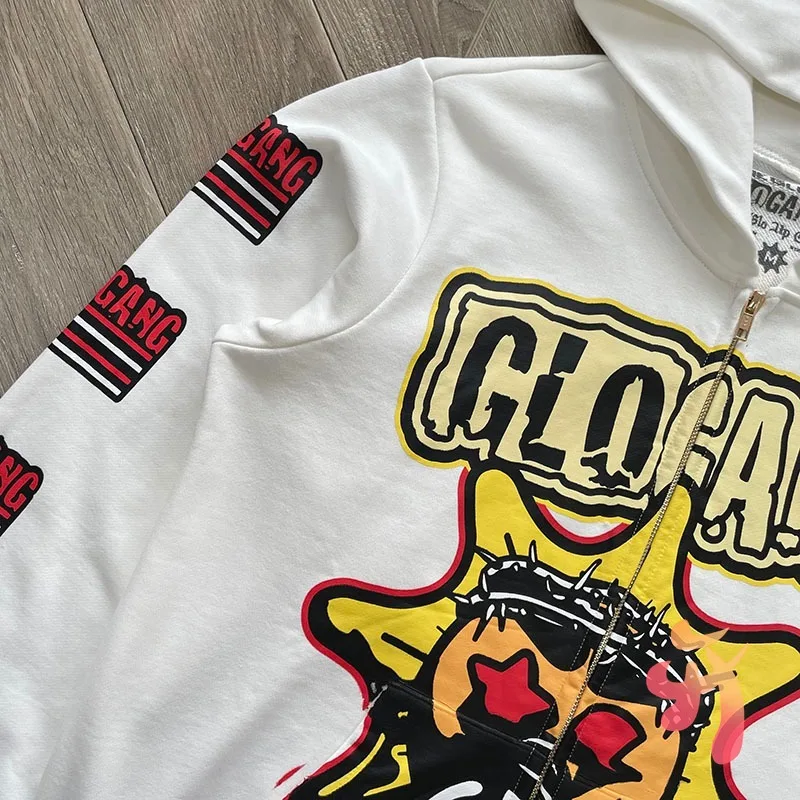 Mannen Vrouwen Glo Gang The Glory Jassen Mode Hiphop Street Cup Drank Cartoon Print Witte Rits Hoodie