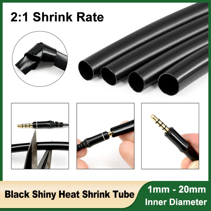 

1 ~ 50m 2:1 Heat Shrink Tube Black Shiny 1mm ~ 20mm Flexible Wire Wrap Protector Professional Audio Earphone Line Cable Sleeve
