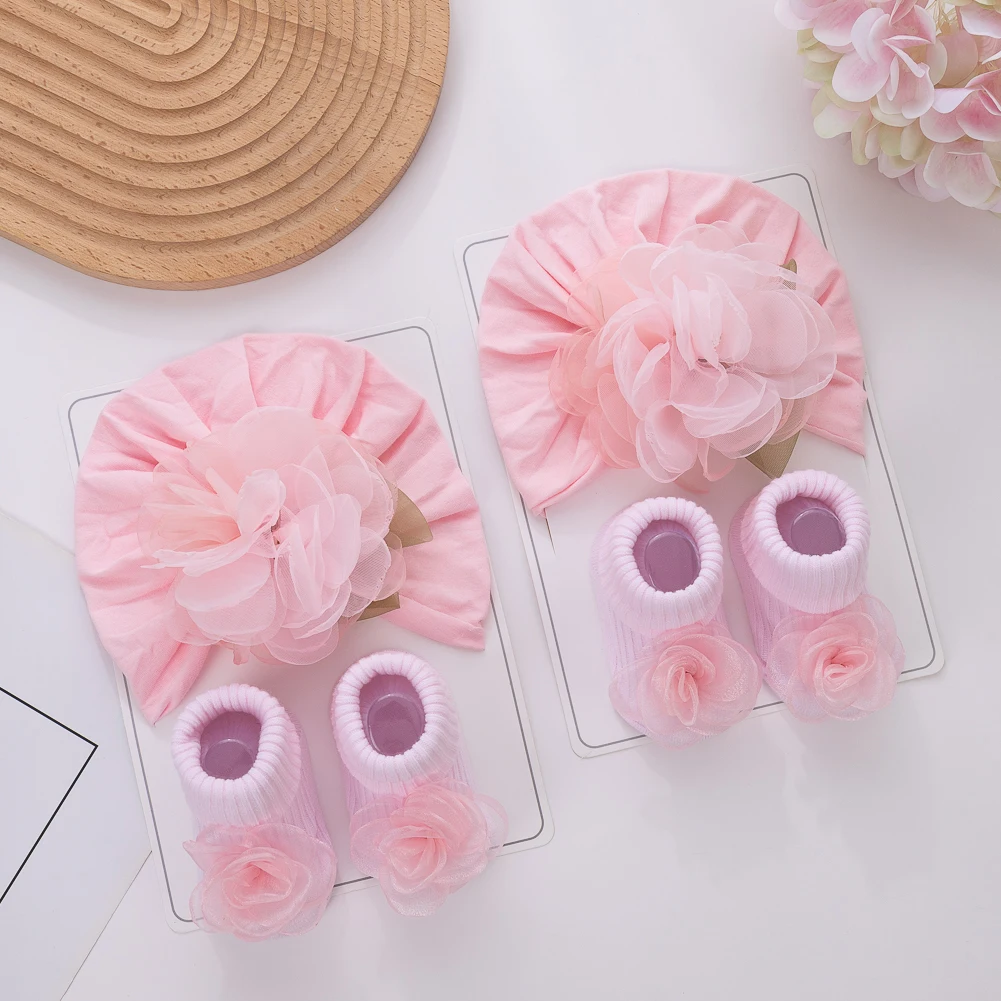 3Pcs/Set Organza Flower Lace Baby Headbands Socks 0-12M Cotton Anti Slip Solid Newborn Toddler Sock Bow Caps Headwraps