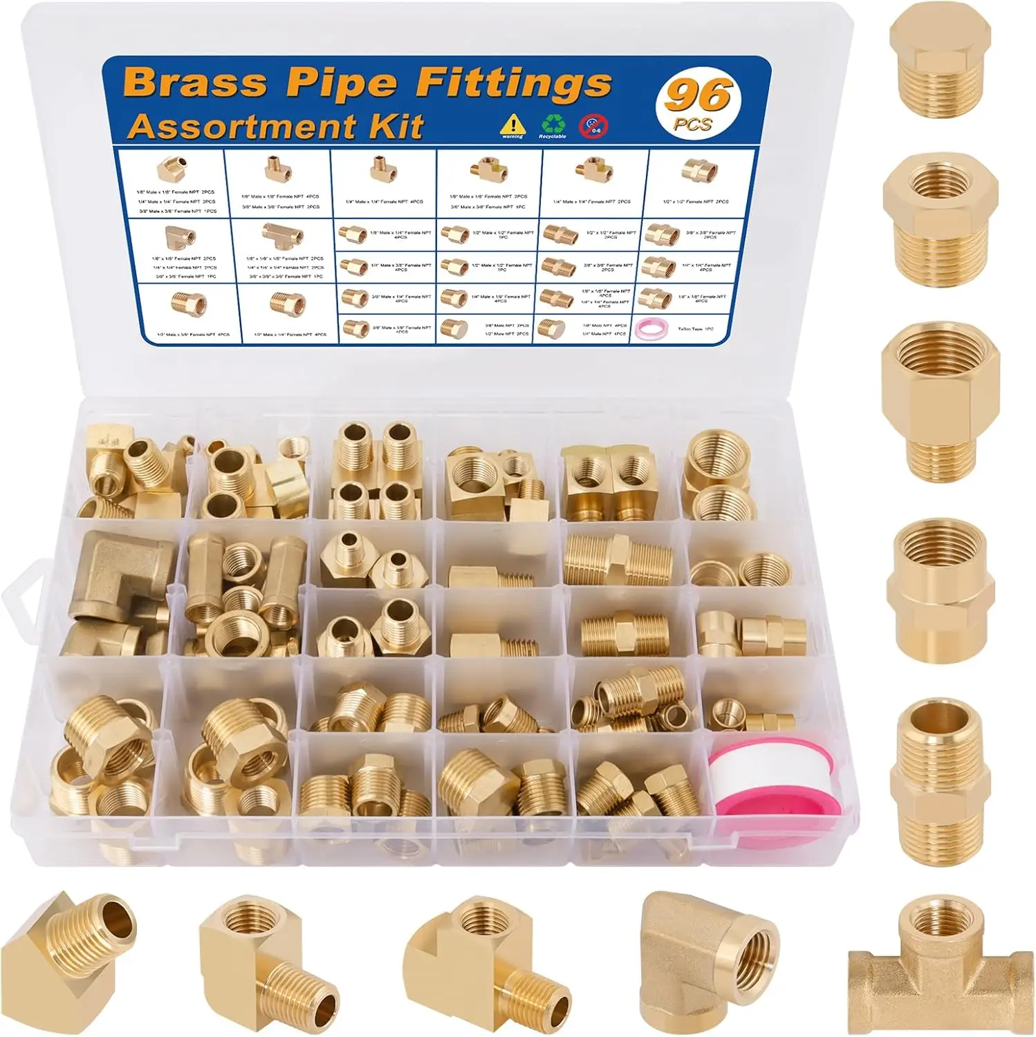 

96 PCS Brass Pipe Fittings Assortment Kit - NPT Adapters, Bushings, Nipples, Couplings, Plugs, Elbows, Tees