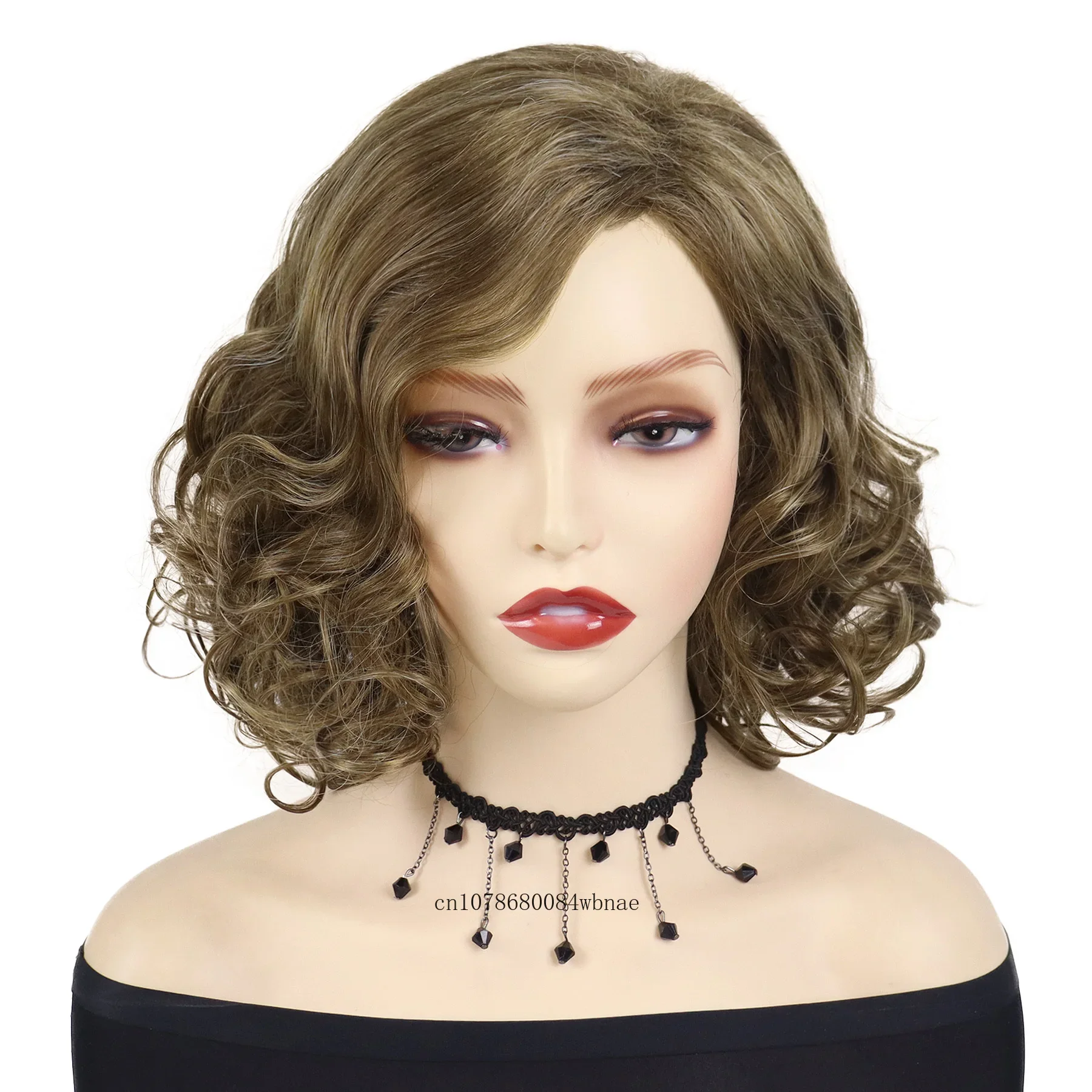 Short Brown Synthetic Hair Natural Big Curly Wig for Women Mommy Wigs with Side Bangs Heat Resistant Daily Costume Party Use