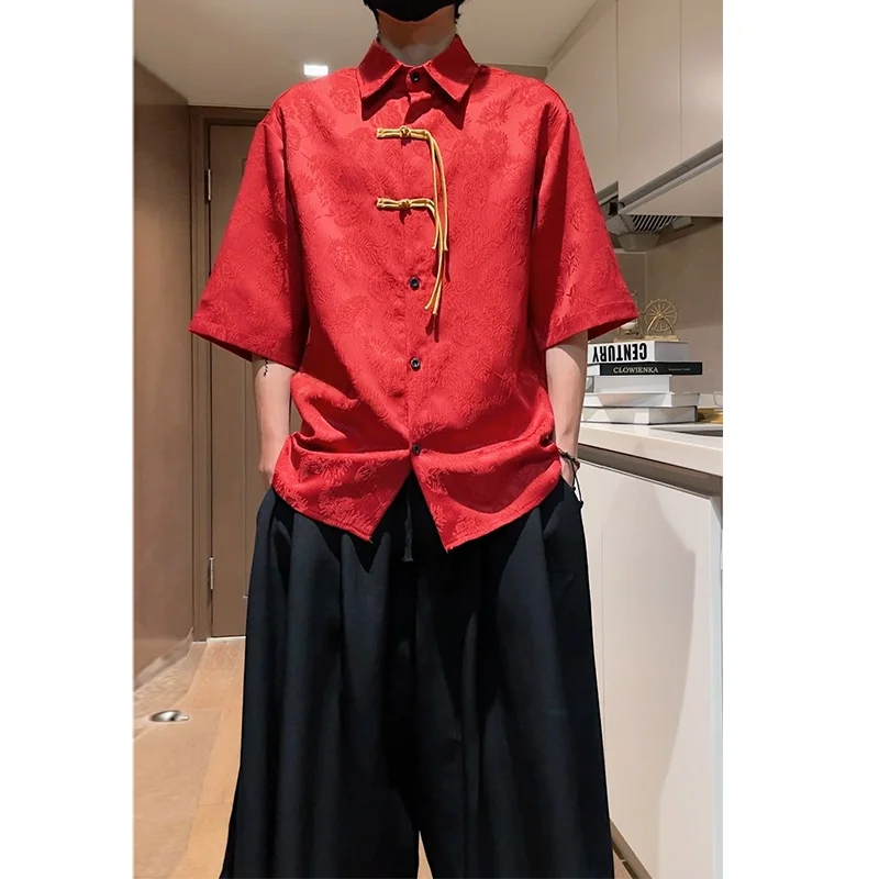 

Красная китайская мужская рубашка с пуговицами для свадьбы и помолвки, с вышивкой в стиле династии Цин, больших размеров, повседневная модная верхняя одежда