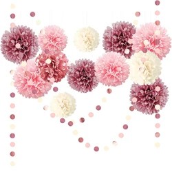Dusty Rose, Light Pink, and Rose Gold Paper Pom Pom Set - Elegant Party Decorations in Gold and Beige for Wedding, Baby Shower,