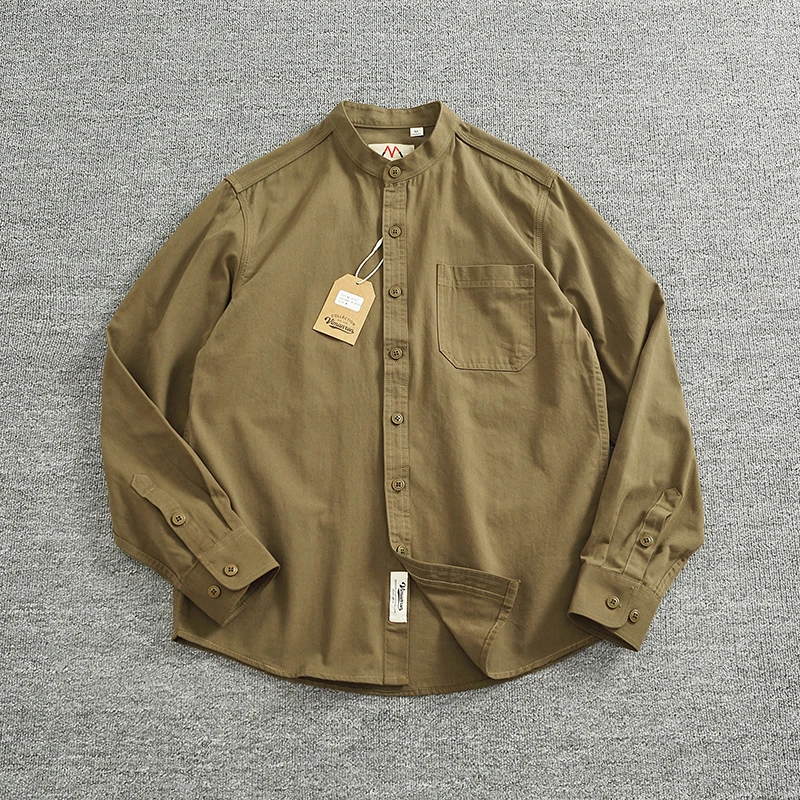 100% cotton personality vintage button-down long sleeve shirt men's American casual wash to do old solid color simple pocket shi