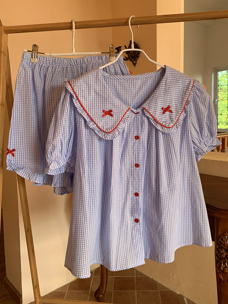 Japanese Ins Wind Sweet Plaid Pajamas Women's Summer Light Cotton Doll Collar Short-sleeved Shorts Loungewear Set