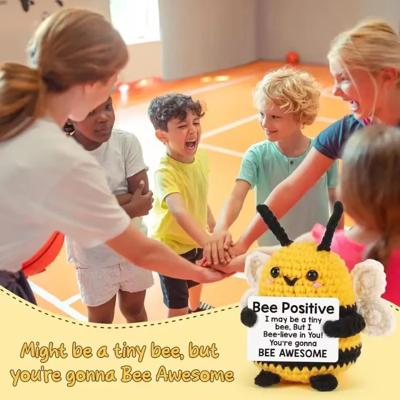 

Positive Card & Funny Handmade Bee Doll: Crochet Wool Yarn Desktop Ornament – Home Room Decoration Christmas Gift