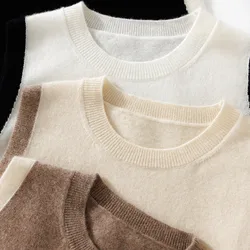 Women 100% Cashmere O-neck Knitted Vest Side Patchwork Sleeveless Pullover Spring Tanks Sweater Jumpe Knit Camisole Girl Clothes