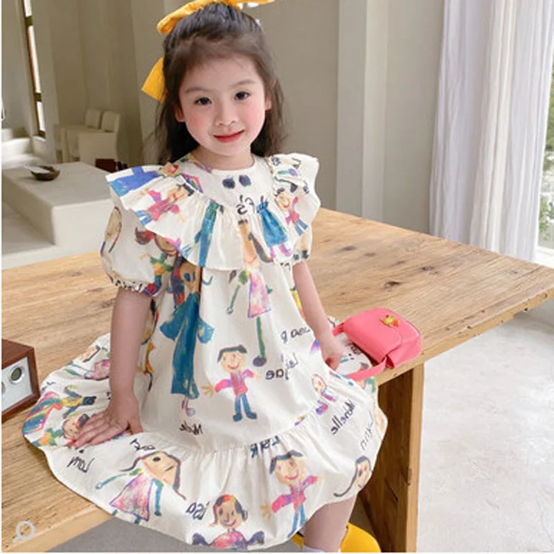 Girls\' Dresses Ruffled Short Sleeved Cartoon Sweet Dress Girls Fashion Kids Outfit Irregular Dresses For Girls Baby Kids Clothes