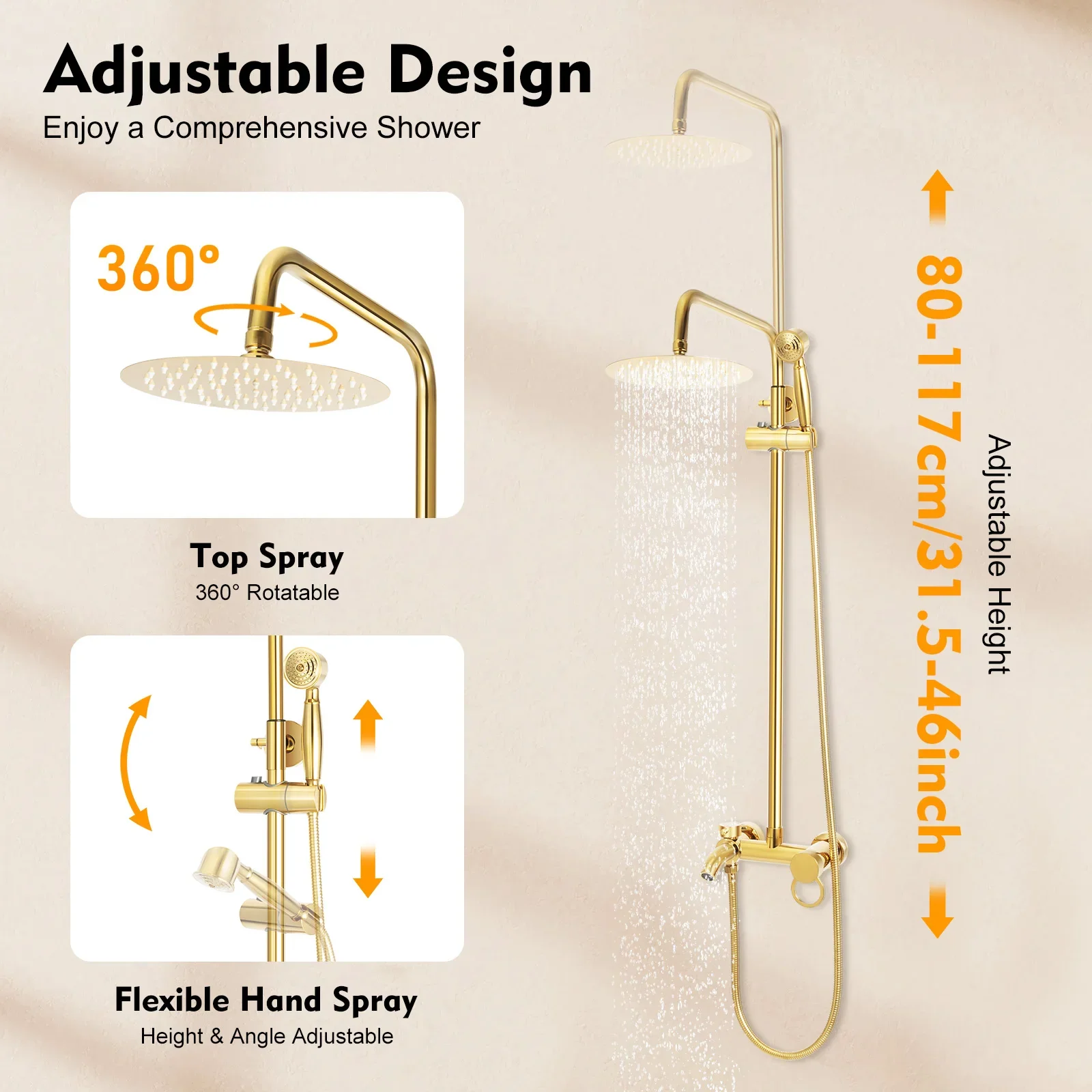 NEUES goldfarbenes Wandmontage-Duschset, Badezimmer-Duscharmatur aus Edelstahl, Handbrause, Regendusche, höhenverstellbar