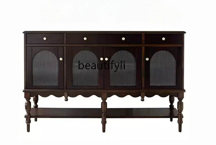 

LFrench Retro Solid Wood Sideboard Distressed Glass Door Wine Cabinet Locker American Light Luxury Storage Cabinet