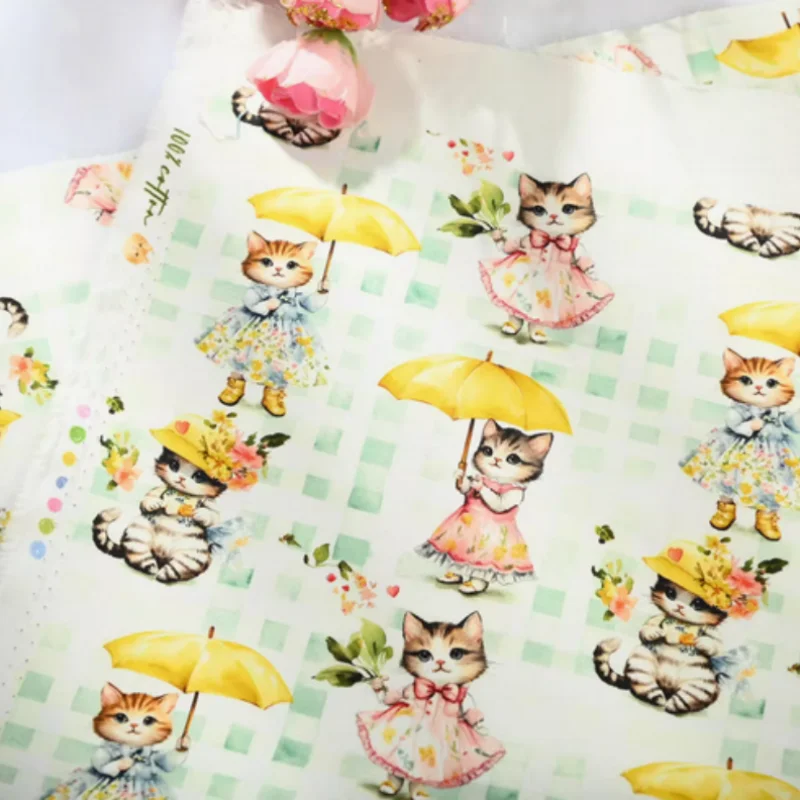 Thin Cotton Canvas Fabric With Garden Wind Cat Print, Handmade DIY Bag, Pillow Back Cushion, Table Cloth Sewing Cloth, CR-150