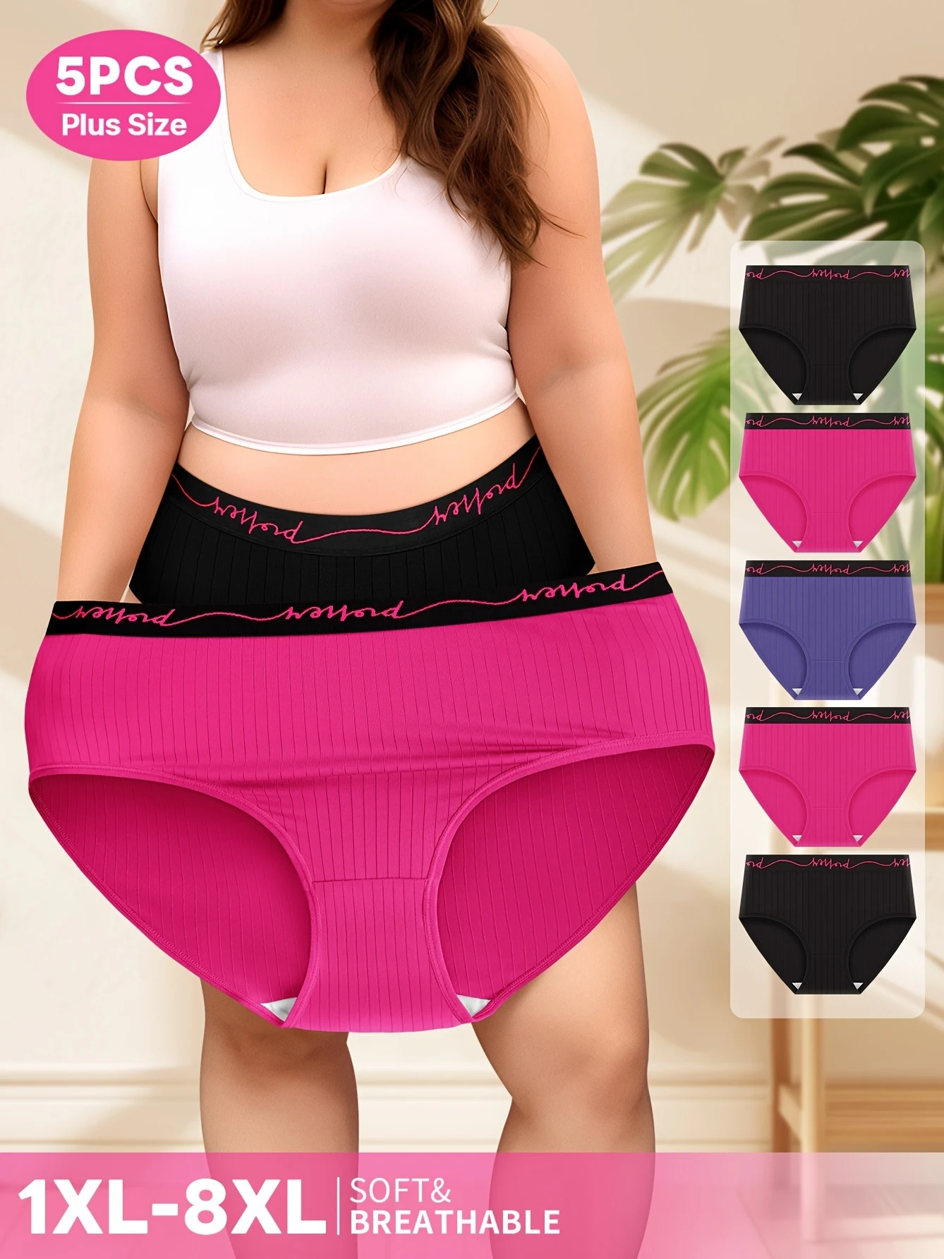 Pack of 5 Plus-Size Women'S Underwear with a Mid-Rise Design, Featuring a Lettered Waistband And Ver