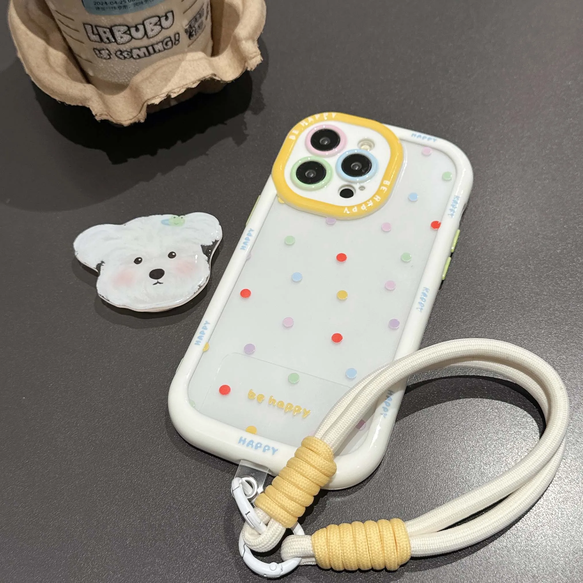 Yellow frame transparent colorful spots puff cover for iphone 15 pro max 12 13 14 15promax puppy bracket white rope phone case