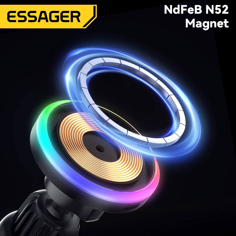 Essager RGB 마그네틱 차량용 휴대폰 거치대 Qi 15W 맥세이프 무선 충전기, 삼성 범용 휴대폰 거치대 스탠드, 아이폰 15 14 13