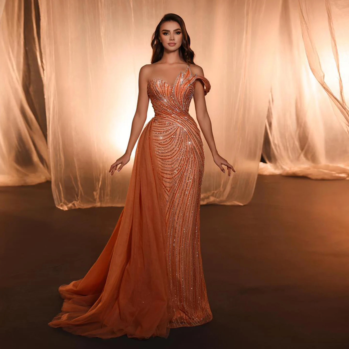 

Sharon Said Arabic Orange One Shoulder Mermaid Evening Dress with Overskirt Luxury Dubai Blue for Women Wedding SS257 Customized