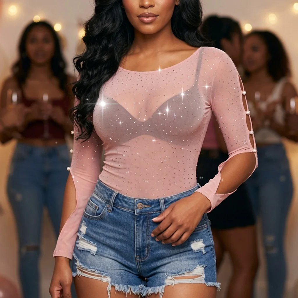 High‑elastic  Embellished Hollow Out Sexy Top Women's Carnival Party Pink Long Sleeve See-Through Temptation Mesh Dress 7175
